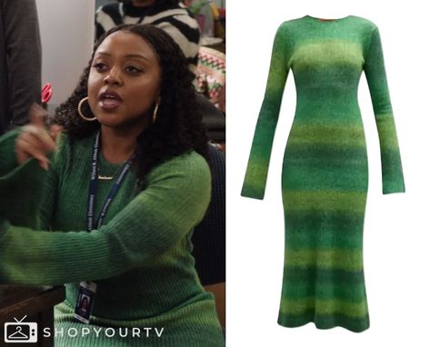 Abbott Elementary: Season 4 Episode 3 Janine's Green Ombre Knit Maxi Dress Janine Teagues Outfit, Abbott Elementary Janine Outfits, Janine Abbott Elementary, Janine Teagues, Yarn Activities, Ombre Knit, Abbott Elementary, Throwing Fits, Earthy Outfits