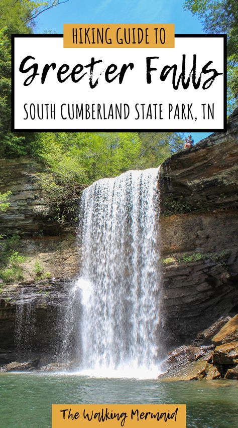 Photo of Greeter Falls. A waterfall located in South Cumberland State Park in Middle Tennessee. Linked to a backpacking / hiking guide on how to get to Greeter Falls and other gorgeous waterfalls and overlooks. Greeter Falls Tennessee, Kentucky Waterfalls, Kentucky Hiking, Travel Tennessee, Camping In Tennessee, Tennessee Waterfalls, Stone Door, Fall Adventures, Cumberland Gap