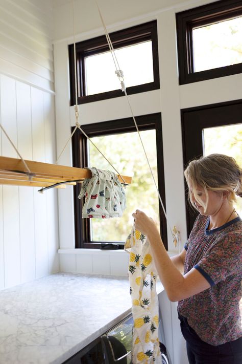 How To Build A Hanging Laundry Rack (aka An English-Style Airer) — The Grit and Polish Photo Hanging Ideas, Queen Castle, Hanging Clothes Drying Rack, Laundry Airer, Savannah House, The Grit And Polish, Grit And Polish, Hanging Drying Rack, Hanging Laundry