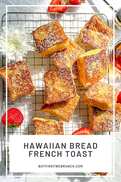 My Hawaiian Bread French Toast is made with lightly sweetened rolls, dipped in cinnamon egg custard, griddled until golden brown and delicious. The combination of crispy and fluffy and sweet is ready in about 20 minutes and is absolutely irresistible! Hawaiian Bread French Toast, French Toast Bites Recipe, Homemade French Toast Recipe, Peach French Toast, Fluffy French Toast, Hawaiian Bread, Bread French Toast, Bread French, Bagel Breakfast Sandwich