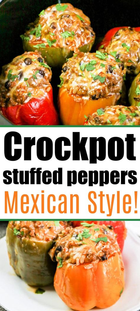 Crockpot Stuffed Bell Peppers, Stuffed Bell Peppers Ground Beef, Crockpot Favorites, Cheese And Rice, Stuffed Peppers With Rice, Crockpot Stuffed Peppers, Chicken Lunch, Crockpot Dinners, Crock Pot Tacos