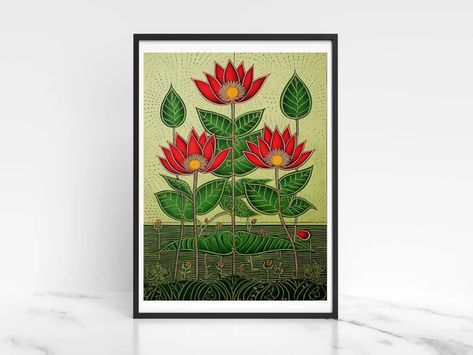 Buy Madhubani Art Indian Art Lotus Mandala Vibrant Colors Online in India - Etsy Madhubani Lotus, Meditation Artwork, Tree Of Life Painting, Indian Wall Art, Mandala Wall Decor, Indian Artwork, Art Buddha, Jungle Wall Art, Mandala Digital