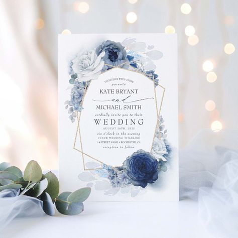 Dusty Blue and Navy Floral Elegant Wedding Invitation Dusty Blue And Navy, Blue Bridal Shower Invitations, Modern Bridal Shower Invitations, Silver Wedding Invitations, Navy Blue Wedding Invitations, Wedding Rehearsal Dinner Invitations, Blue Bridal Shower, Bridal Shower Flowers, Modern Bridal Shower