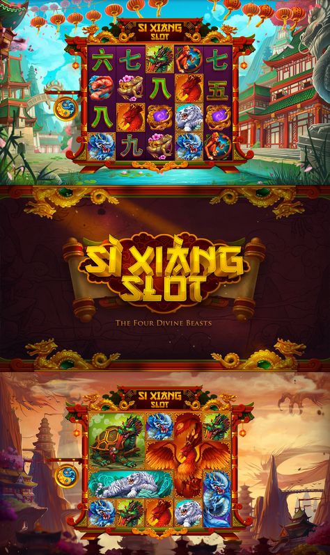 Chinese-themed Si Xiang slot game designed by Inkration artists. Chinese Slot Game, Slot Game Art, Comfort Corner, Animation Production, Chinese Theme, Chinese Festival, Magic Bottles, Gaming Art, Game Interface