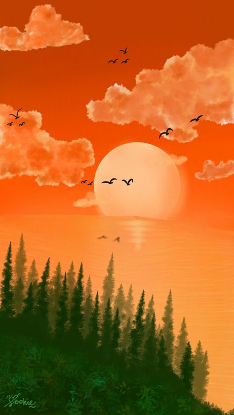 sunset, sky, scenery, nature, jungle, tree, sea, sun, bright, sunny, night, afternoon, digital painting, leaf Ibis Paint Drawing, Ibis Paint Art, Ibis Paint Ideas, Panorama Alam, Drawing Sunset, Sea Drawing, Indian Flag Wallpaper, Shirt Painting, Flag Wallpaper