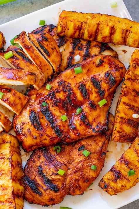 Juicy Grilled Pineapple Chicken - Averie Cooks Aloha Chicken, Hawaiian Grilled Chicken, Chicken And Pineapple, Grilled Pineapple Chicken, Honey Garlic Pork Chops, Grilled Chicken Tenders, Honey Mustard Dipping Sauce, Cilantro Chicken, Averie Cooks