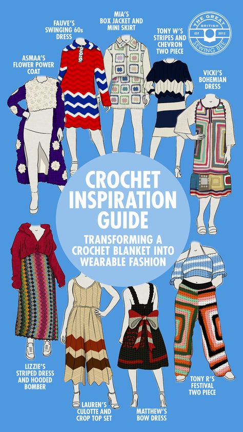 Inspiration guide for transforming crochet blankets into wearable fashion garments. Upcycle Crochet Blanket, Blanket Upcycle, 60s Crochet, Sustainable Sewing, British Sewing Bee, Great British Sewing Bee, Upcycling Fashion, Swinging 60s, Sewing Bee