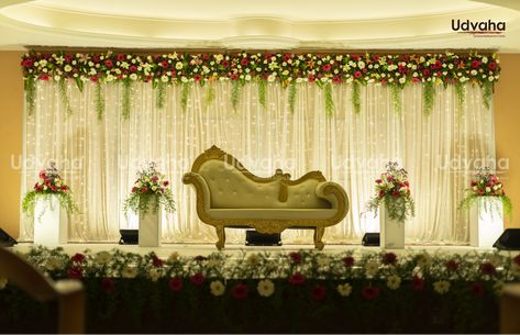 wedding reception stage decoration @pondicherry themeweddings Function Stage Decoration, Simple Reception Stage Decoration, Decoration Stage, Reception Decorations Simple, Reception Decorations Indian Simple, Marriage Reception Decoration, Simple Reception Stage Decor, Reception Flower Decoration, Small Stage Decoration For Engagement