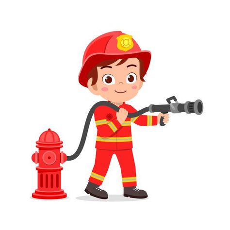 Happy cute little kid wearing firefighte... | Premium Vector #Freepik #vector Firemen Pictures, Fireman Kids, Firefighter Clipart, Fire Officer, American Firefighter, Zestaw Ikon, Sticker Template, Logo Vintage, Cycling Fashion