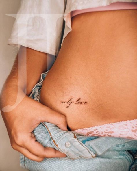 Scandalous Tattoo Ideas, Hip Tattoos Women Small Word, Words On Hip Tattoo, Simple Tattoos On Hip, Tattoo On Hips For Woman, Script Hip Tattoos Women, Hip Writing Tattoos Women, Script Tattoo On Hip, Writing On Hip Tattoo