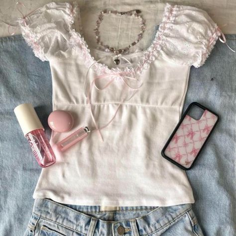 Women Sweet Bubble Puff Short Sleeve Casual Slim T-Shirt Ruffle Lace Trim Cute Lace-Up Bowknot Sawako Fashion, Cutesy Style, Shoujo Style, Coquette Vibes, Coquette Clothing, 2000s Outfits, Bow Shorts, Crop Top Dress, Body Curves