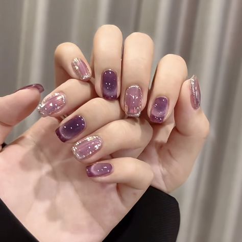 Korean Purple Nails, Cat Eye Purple Nails, Purple Cateye Nail, Lavender Jelly Nails, Mauve Nail Art, Bright Color Nails, Purple Short Nails, Purple Sparkle Nails, Purple Cat Eye Nails