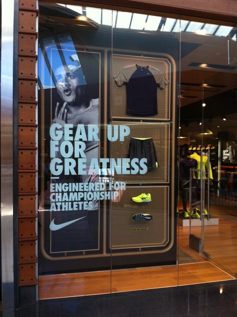 Nike Gear Up For Greatness - Engineered for champion athletes retail sports window display. Sports Window Display, Nike Trail Running, Retail Window Display, Window Images, Nike Retail, Vitrine Design, Window Display Retail, Retail Signage, Nike Gear