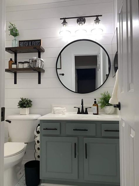 Black And White Painted Bathroom, 1/2 Bath Ideas, Bathroom Mirrors Ideas, Bathroom Shiplap, Bathroom Panels, Bathroom Tile Design Ideas, Bathroom Tub Shower Combo, Tile Design Ideas, Half Bathroom Remodel