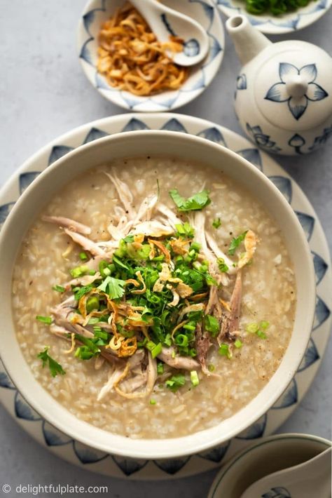 Pork Congee Recipe, Brown Rice Porridge, Chicken Congee, Rice Congee, Chicken Porridge, Chicken And Brown Rice, Porridge Recipes, Rice Porridge, Pressure Cooker Chicken