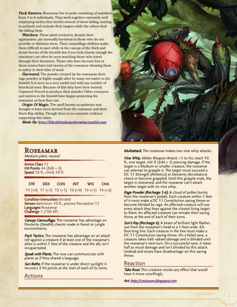 Dnd 5e Homebrew Monsters Fey, 5e Plant Monsters, Dnd Plant Creatures, Feywild Creatures, Fey Creatures, Plant Creatures, Dnd Creatures, Dungeons And Dragons Rules, Dnd Monster