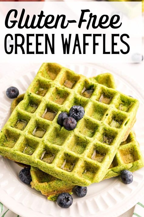 Green Waffles are a fun treat to serve for St. Patrick’s Day, Christmas, or Earth Day. Baby spinach adds color and is a sneaky way to add nutrition to this classic breakfast dish. Be sure to serve this fun and healthy green food to your loved ones. Everyone loves these healthy gluten-free waffles. Spinach Waffles, Green Waffles, Savory Waffle Recipe, Gluten Free Kitchen, Savory Waffles, Gluten Free Vegetarian Recipes, Gluten Free Waffles, Meat Free Recipes, Eating Breakfast