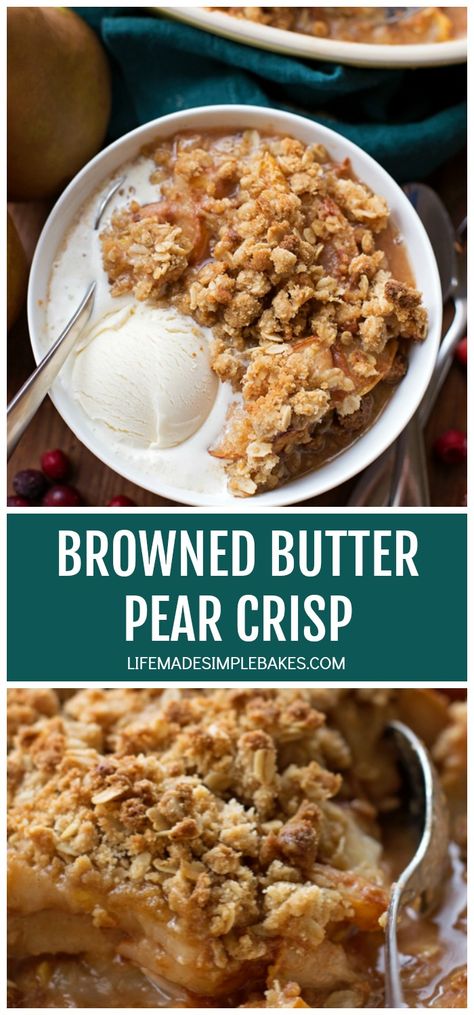 Pear Crisp In Crockpot, Winter Crisp Recipe, Fall Fruit Crisp, Fall Crisp Recipes, Holiday Pear Recipes, Spiced Pear Dessert, Brown Butter Crumble, Vegan Pear Crisp, Pear Dessert Recipes For Two