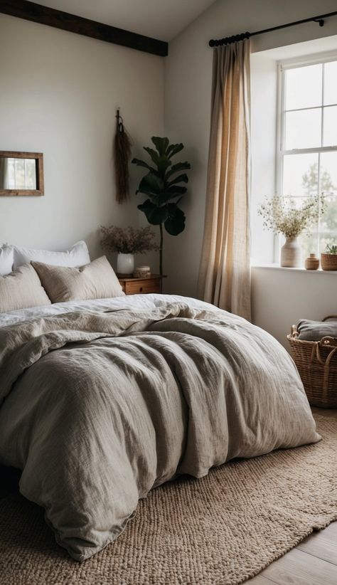 A cozy and inviting farmhouse-style bedroom with natural textures, neutral tones, and a large window letting in plenty of natural light. Farmhouse Bed Decor Ideas, Farmhouse Master Bedding, Bed Layering Ideas, Farmhouse Bedding Ideas, Bed Layering, Layering Ideas, Farmhouse Bed, Farmhouse Master, Costumes Dance