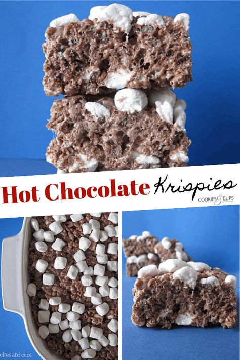 Hot Cocoa Rice Krispies, Hot Cocoa Rice Crispy Treats, Hot Chocolate Squares, Hot Coco Rice Krispies, Coco Krispies Recipes, Coco Rice Crispy Treats, Rice Krispie Dessert Recipes, Hot Cocoa Rice Krispie Treats, Hot Chocolate Rice Krispie Treats