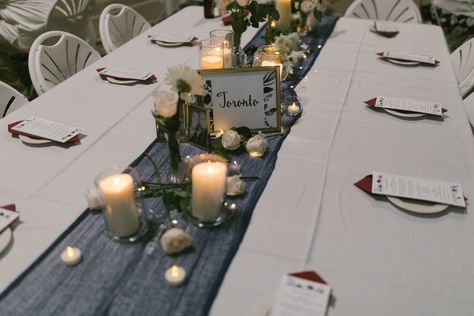 Navy Cheesecloth Table Runner Wedding, Navy Cheesecloth Table Runner, Navy Table Runner Wedding, Table Runner With Candles, Rectangle Table Centerpieces, Wedding Table White, White Candles Centerpiece, Forest Backyard, Candle Runner