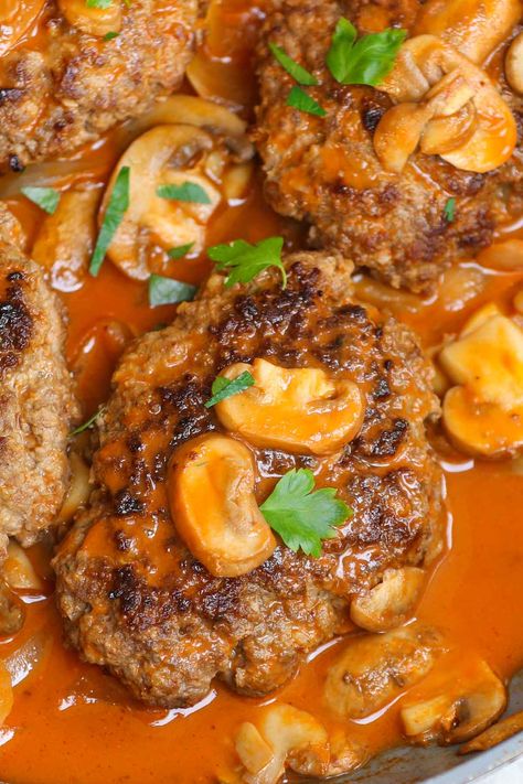 Bobby Flay Salisbury Steak Recipe (With Mushroom Gravy) Chuck Recipes, Ground Chuck Recipes, Best Salisbury Steak Recipe, Salisbury Steak Recipe, Ground Chuck, Salisbury Steak Recipes, Dinner With Ground Beef, Mushroom Gravy, Bobby Flay