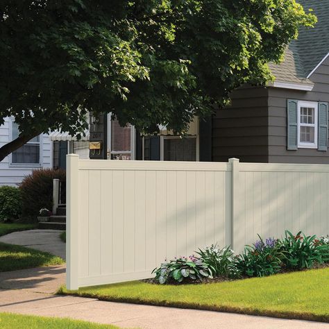 Use Outdoor Essentials 5 in. x 5 in. x 8 ft. Lakewood Privacy Tan Vinyl Fence End Posts to end a run of Pro Series 6 ft. Lakewood Privacy fence panels. This post has routed holes on one side of the post. The rails from the fence panel slide into the routed holes in the post and lock into place for an easy, fastener-free post-to-rail connection. It's made of durable, low-maintenance vinyl. Outdoor Essentials Pro Series 98-in Lakewood Tan Vinyl Routed Privacy Fence End Post in Off-White | 118668 Metal Fence Posts, White Vinyl Fence, Vinyl Fence Panels, Vinyl Privacy Fence, Privacy Fence Panels, Vinyl Panels, Horizontal Fence, Fence Panel, Wood Post