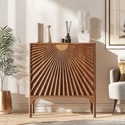 Everly Quinn Color: Brown | Everly Quinn Camani 35.4 Sideboard 39.4 H x 35.4 W x 13.8 D in yellow / Wood in Brown | 39.4" H X 35.4" W X 13.8" D | Wayfair Mid Century Modern Den, Boho Sideboard, Counseling Decor, Bar Cupboard, Bathroom Pics, Wood Aesthetic, Wall Bench, Mid Century Modern Sideboard, Luxury Sideboard