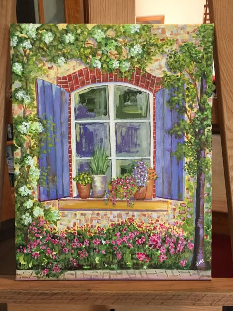 Open Window Painting, Painting Of A Window, Brick Window, Window Paintings, Window Drawing, Gcse Art Sketchbook, Painting Competition, Canvas Drawing, Flower Painting Canvas