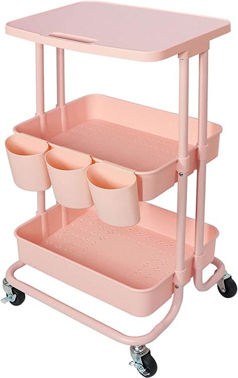 Amazon.com: 3 Tier Rolling Cart Pink Tabletop Cart with Hanging Cups and Hooks Utility Kitchen Storage Cart for Office Home,Bedroom,Bathroom : Office Products Rolling Shelf, Cart Organization, Hanging Cups, Craft Storage Cart, Rolling Shelves, Cart Bar, Small Pantry Organization, Movable Storage, Kitchen Storage Cart