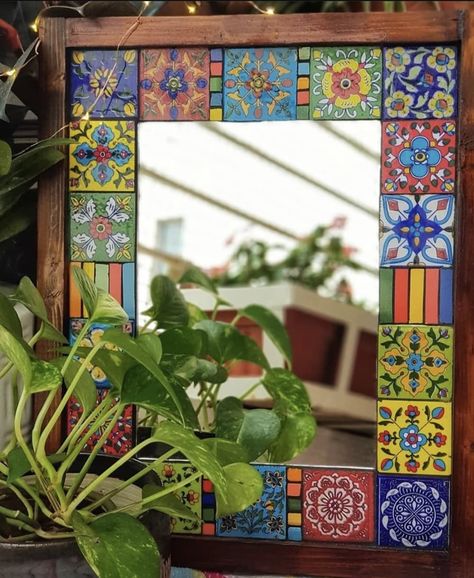 Diy Tiled Mirror Frame, Mosaic Tile Mirror Frame Diy, Tile Mirror Diy, Mexican Tile Mirror, Mirror Frame Decorating Ideas, Tiled Mirror Frame, Framed Tile Wall Art, Tile Mirror Frame Diy, Framing Tiles