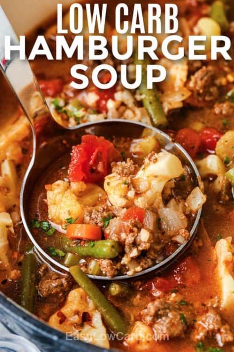 Easy low carb recipes like this savory Keto hamburger soup help to stay on track with our nutrition goals. It can be made ahead and frozen, or dipped into all week for a satisfying lunch or snack! #easylowcarb #lowcarbhamburgersoup #lunch #recipe #best #easy #homemade #tomato #vegetable #groundbeef #keto #groundturkey Low Carb Hamburger Soup, Keto Hamburger Soup, Keto Hamburger, Low Carb Soup Recipes, Hamburger Soup, Boiled Egg Diet Plan, Resep Diet, Lunch Recipe, Keto Soup