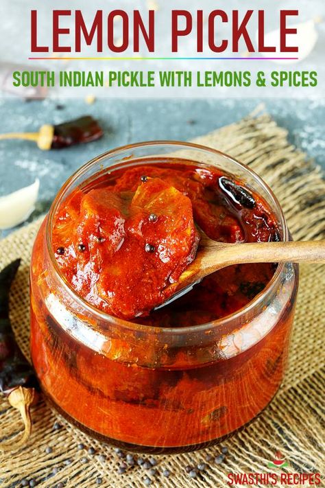 Lemon pickle is a traditional Indian condiment made with lemons, red chilli powder and salt. Serve it as a side in a Indian meal or with just rice and dal. #pickle #indianfood #lemonpickle #vegan via @swasthi Lemon Pickle Recipe, Rice And Dal, Indian Pickle Recipe, Easy Pickle, Lemon Pickle, Lime Pickles, Indian Meal, Pickle Recipe, Red Chilli Powder