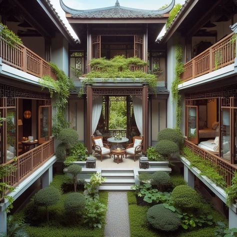 Chinese House Design, Japanese Exterior, Traditional Chinese House, Colonial Interior Design, Mansion Rooms, Chinese Courtyard, Hotel Design Architecture, Japanese Hotel, Asian House