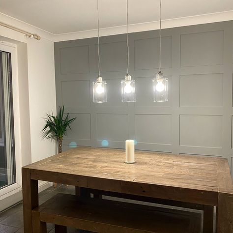 Farrow and ball lamp room grey Panelled Walls In Kitchen, Panelling In Kitchen Diner, Panelled Wall Kitchen Diner, Open Plan Kitchen Living Room Panelling, Tiled Dining Room Wall, Panelled Wall Kitchen, Panelling Kitchen Diner, Dinning Wall Panelling Design, Kitchen Diner Wall Decor