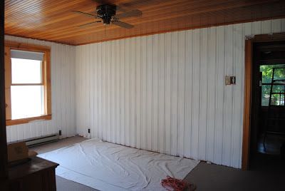 House by Holly: To Paint Knotty Pine or Not Paint Knotty Pine? That is the Question. Painted Knotty Pine Walls, Mobile Home Interior, Knotty Pine Ceiling, Wood Paneling Makeover, Knotty Pine Paneling, Knotty Pine Walls, Paneling Makeover, Pine Bedroom, Beadboard Wainscoting