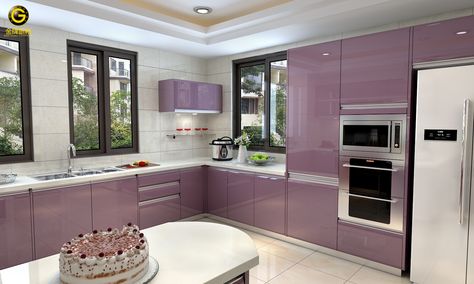 Glossy Violet. Violet Kitchen Cabinets, Colorful Boho Kitchen, Kitchen Cabinet Colours, Purple Kitchen Cabinets, Kitchen Trolley Design, Violet Kitchen, Kichen Design, Trolley Design, American Kitchen Design