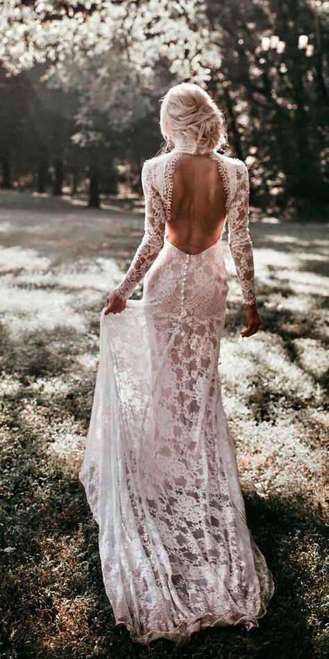 47 Boho #Wedding Ideas Shine On Your Wedding Day Wedding Dress Buttons, Backless Bridal Gowns, Bridal Gowns Mermaid, Stella York, Backless Wedding, Grace Loves Lace, Bohemian Wedding Dress, Princess Wedding Dresses, Long Sleeve Wedding