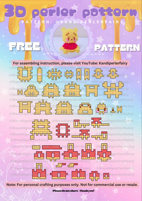 FREE 3D perler pattern to make Winnie the Pooh Perler Bead Patterns 3d Easy Pokemon, 3d Perler Bead Patterns Easy, 3d Hama Beads Patterns, Winnie The Pooh 3d, Melty Bead Designs, Perler Pattern, Hama Beads 3d, Rainbow Loom Designs, Beads Tutorial