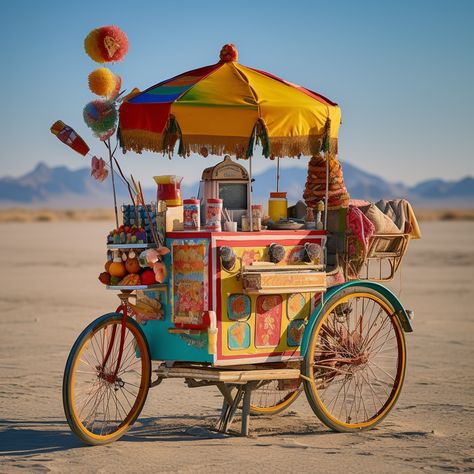 a colorful indian chai cart attached to a bicycle at a desert crossroads Chai Cart Wedding, Indian Food Cart, Food Carts Ideas, Indian Food Truck, Chai Stall, Chai Cart, Indian Carnival, Fruit Cart, Indian Cafe