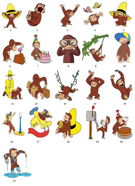 Images Curious George Bedroom, Curious George Crafts, Monkey Mural, Curious George Coloring Pages, Curious George Birthday Party, Curious George Party, Curious George Birthday, Free Printable Stickers, Cute Cartoon Characters