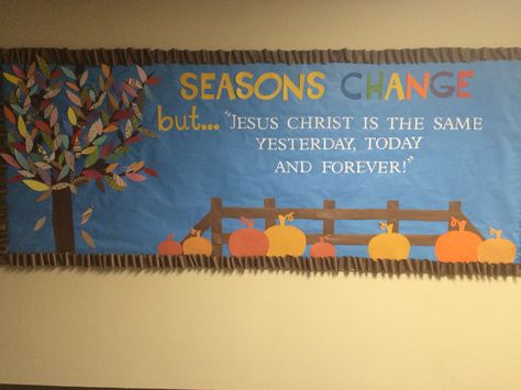 Fall bulletin board for church children's ministry Fall Church Bulletin Boards, Bulletin Board Sayings, Catholic Bulletin Boards, Religious Bulletin Boards, Bible Bulletin Boards, October Bulletin Boards, Door Bulletin Boards, Class Bulletin Boards, Christian Bulletin Boards