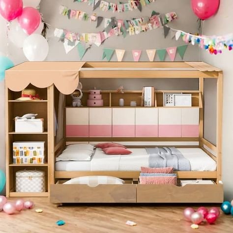 Full size House Bed with Two Drawers and Built-in Wardrobe for Home - Bed Bath & Beyond - 40703980 Montesorri Bed, Full Size House Bed, Toddler Bed With Storage, Tall Bed, Kids Beds, Bed With Storage, Bed With Drawers, Wardrobe Storage, House Bed