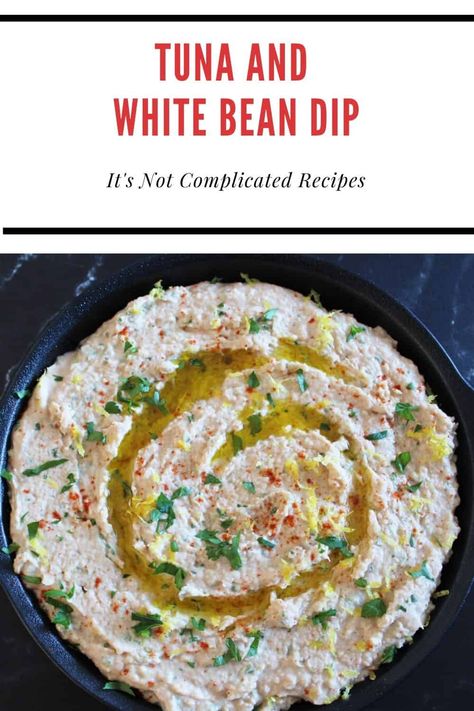 Entertaining is made easy with this delicious Tuna and Cannellini Bean Dip! Using pantry staples of canned tuna and white beans, this dip comes together in minutes with some delicious fresh ingredients added into the mix!  #cannedtunarecipes #cannedbeanrecipes #tunaandwhitebeandip #tunaandcannellinibeandip #easydiprecipes #cravecookconsume #itsnotcomplicatedrecipes #glutenfreerecipes #cannedtuna #cannedbeans Tuna And Beans, Tuna And White Beans, Cannellini Bean Dip, Tuna Dip, Canned Tuna Recipes, Complicated Recipes, Cannellini Bean, White Bean Dip, Canned Tuna