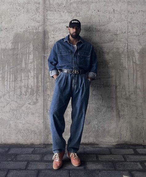 Full Denim Outfit Man, Denim On Denim Men Outfits, Mens Denim On Denim Outfits, All Denim Outfit Men, Denim On Denim Outfit Men, Demin On Demin, Vintage Shirts Outfit, Mens Denim Shirt Outfit, Full Denim Outfit