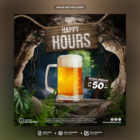 PSD happy hours social media post templa... | Premium Psd #Freepik #psd Beer Ads Design, Post Template Design, Happy Hour Specials, Ads Creative Advertising Ideas, Adobe Illustrator Graphic Design, Advertising Ideas, Beer Ad, Social Media Post Template, Digital Banner