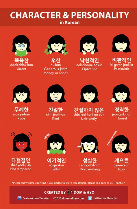 So here are a few words to describe personality and character in Korean. These should also help those of you learning Korean. Which one best describes you? Korean Posters, Adjectives To Describe People, Korean Slang, Korean Vocabulary, Learn Basic Korean, Korean Characters, Easy Korean Words, Cheonan, Bahasa Jepun