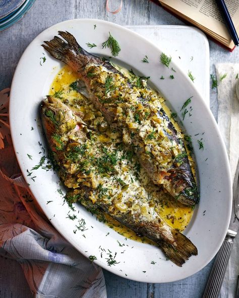 Trout with crème fraîche and brined gherkins recipe | delicious. Magazine Christmas In Ukraine, Whole Fish Recipes, Trout Recipe, Trout Recipes, Whole Fish, Shellfish Recipes, Dill Pickles, Fish Recipes Healthy, Delicious Magazine