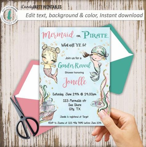 Mermaid Gender Reveal, Halloween Gender Reveal, Party Like Its 1999, Mermaid Invitations, Gender Party, Mermaid Baby Showers, Mermaid Parties, Baby Gender Reveal Party, Boy Birthday Invitations