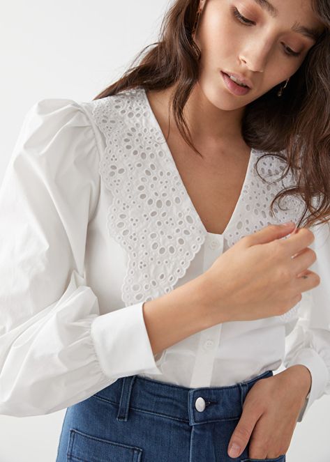 Embroidered Collar Puff Sleeve Cotton Blouse - White - Blouses - & Other Stories Instagram Projects, Classy Blouses, White Blouses, Puff Sleeve Shirt, Big Collar, Embroidered Collars, Chic Blouses, Simply Chic, Fashion Baby